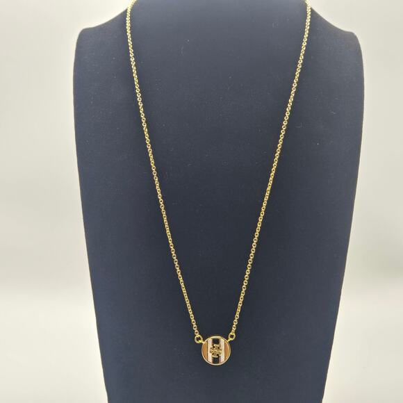 NEW Tory Burch Kira Brown Gold Enamel Pendant Necklace Striped Gift Casual Fall - Picture 4 of 5